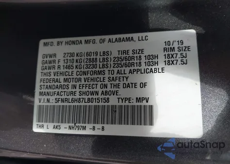 2020 Honda Odyssey Touring from USA, damaged, VIN 5FNRL6H87LB015158